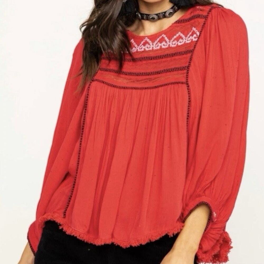 Free People Cyprus Avenue Embroidery Red Boho Long Sleeve Top Sz Large